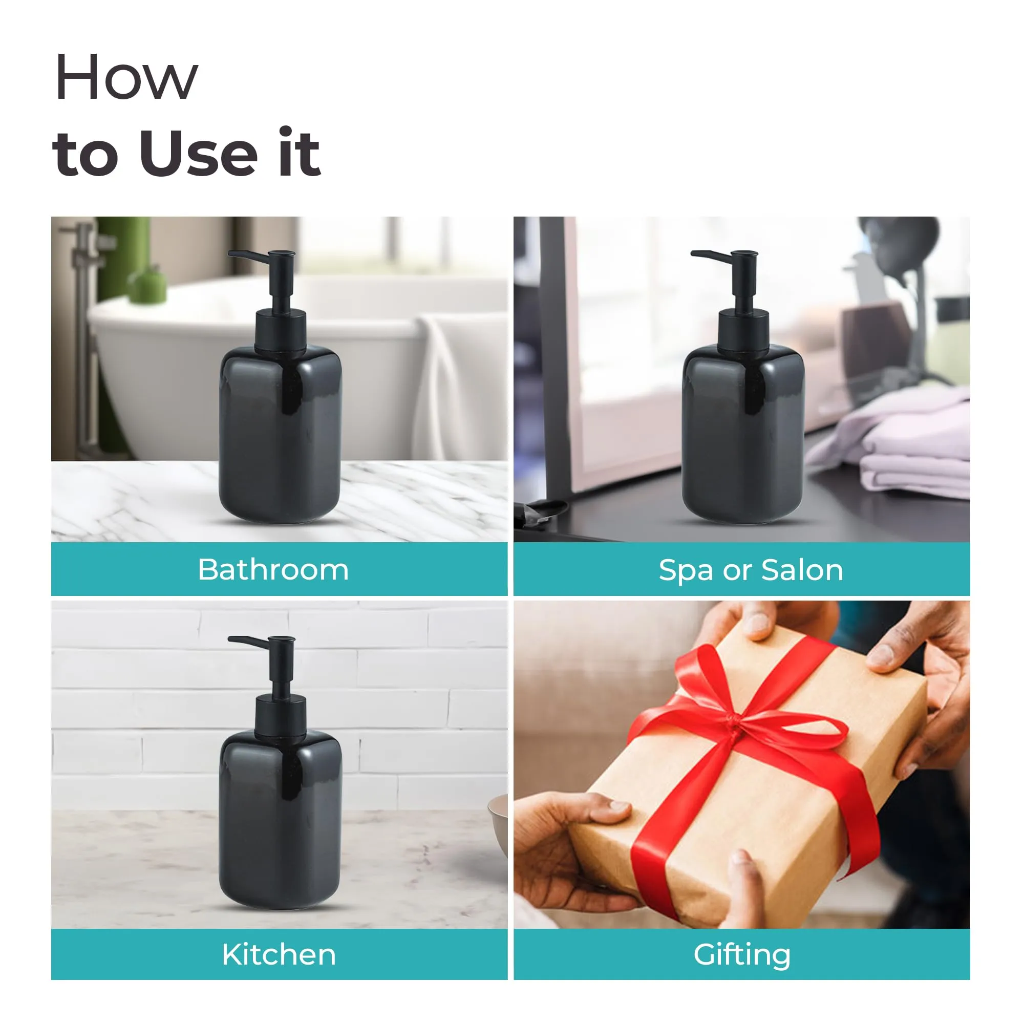 The Better Home 300ML Ceramic Soap Dispenser for Bathroom | Handwash Dispenser | Liquid Soap Dispenser for Kitchen | Bathroom Accessories | Handwash Bottle | Hand Wash Dispensers Pump | Black