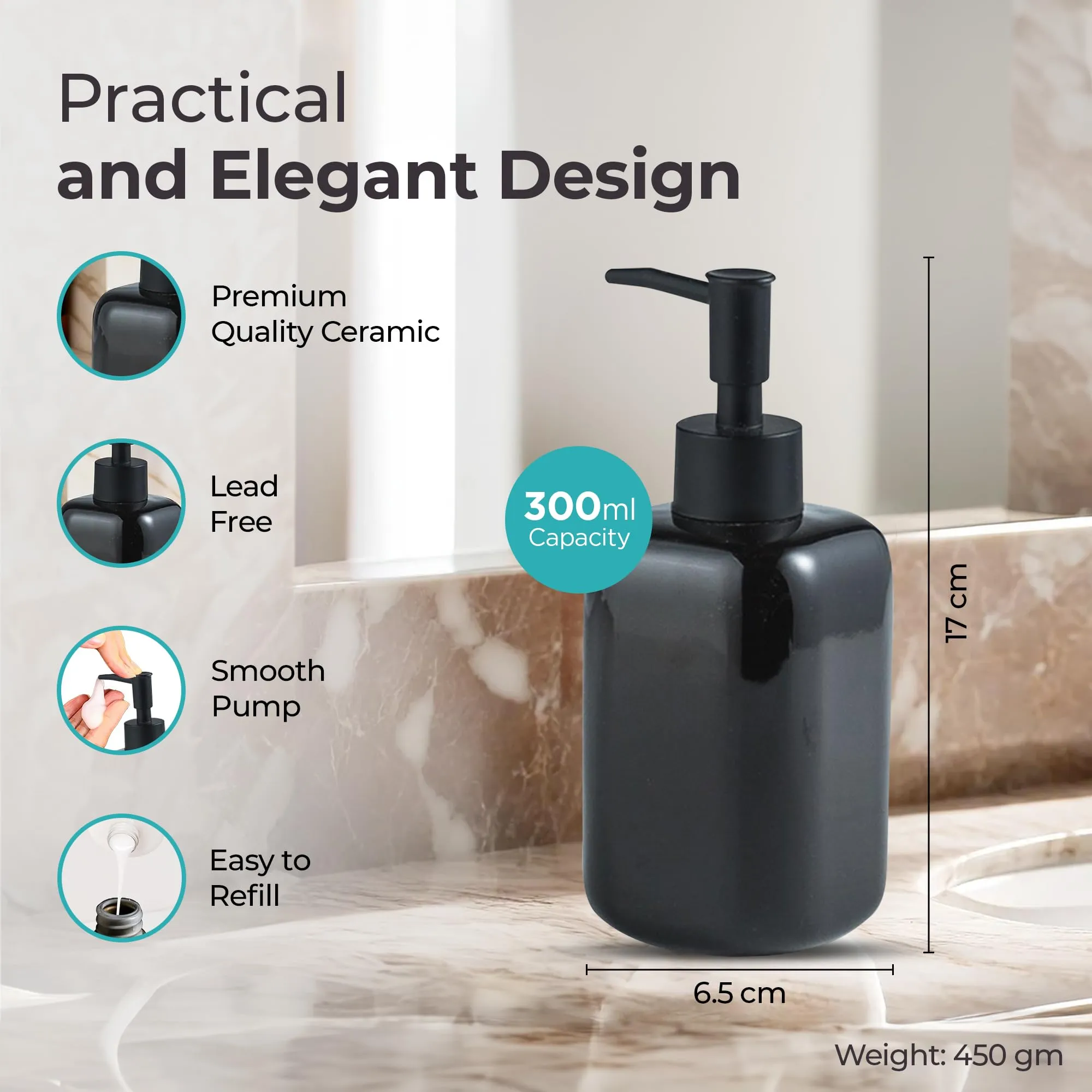 The Better Home 300ML Ceramic Soap Dispenser for Bathroom | Handwash Dispenser | Liquid Soap Dispenser for Kitchen | Bathroom Accessories | Handwash Bottle | Hand Wash Dispensers Pump | Black