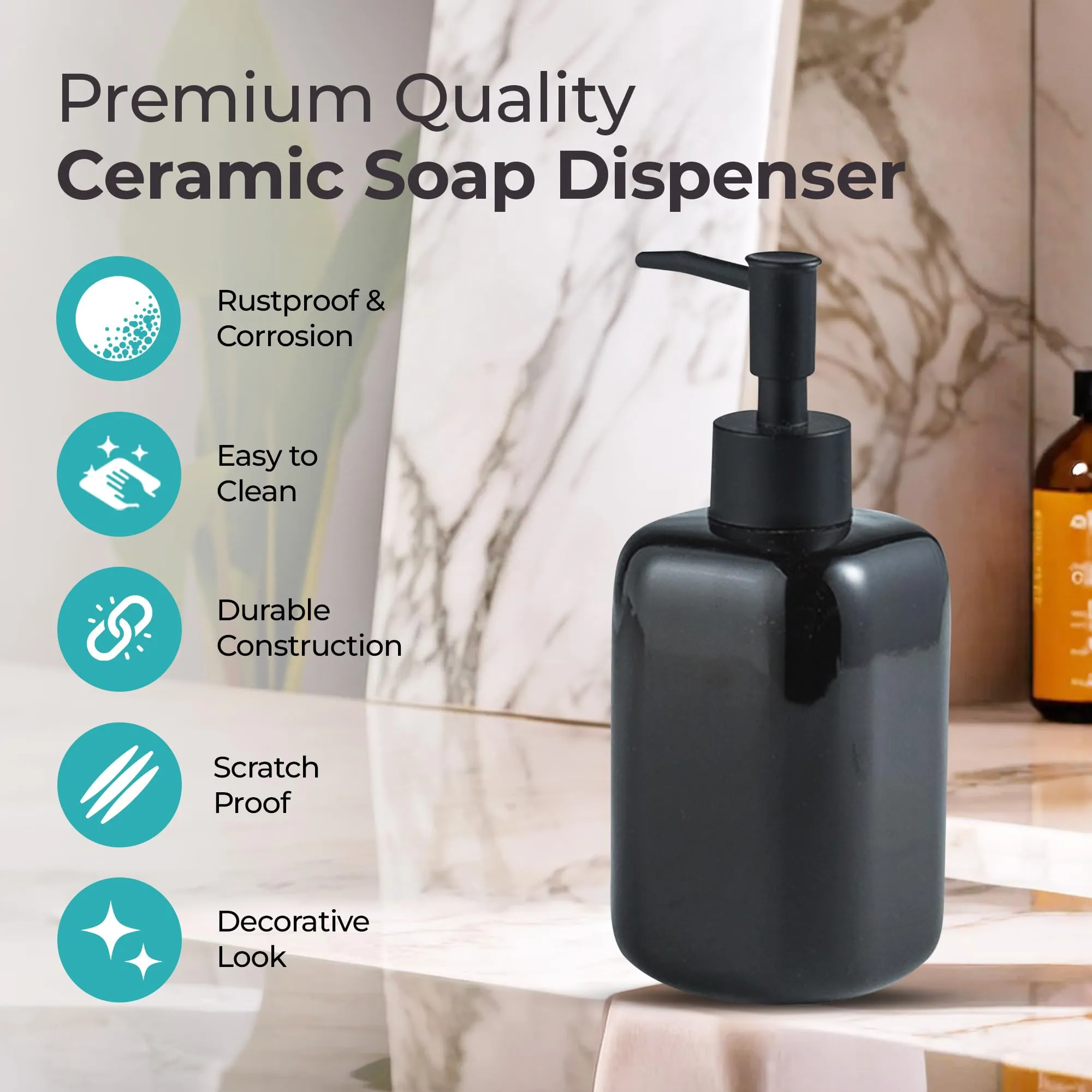 The Better Home 300ML Ceramic Soap Dispenser for Bathroom | Handwash Dispenser | Liquid Soap Dispenser for Kitchen | Bathroom Accessories | Handwash Bottle | Hand Wash Dispensers Pump | Black