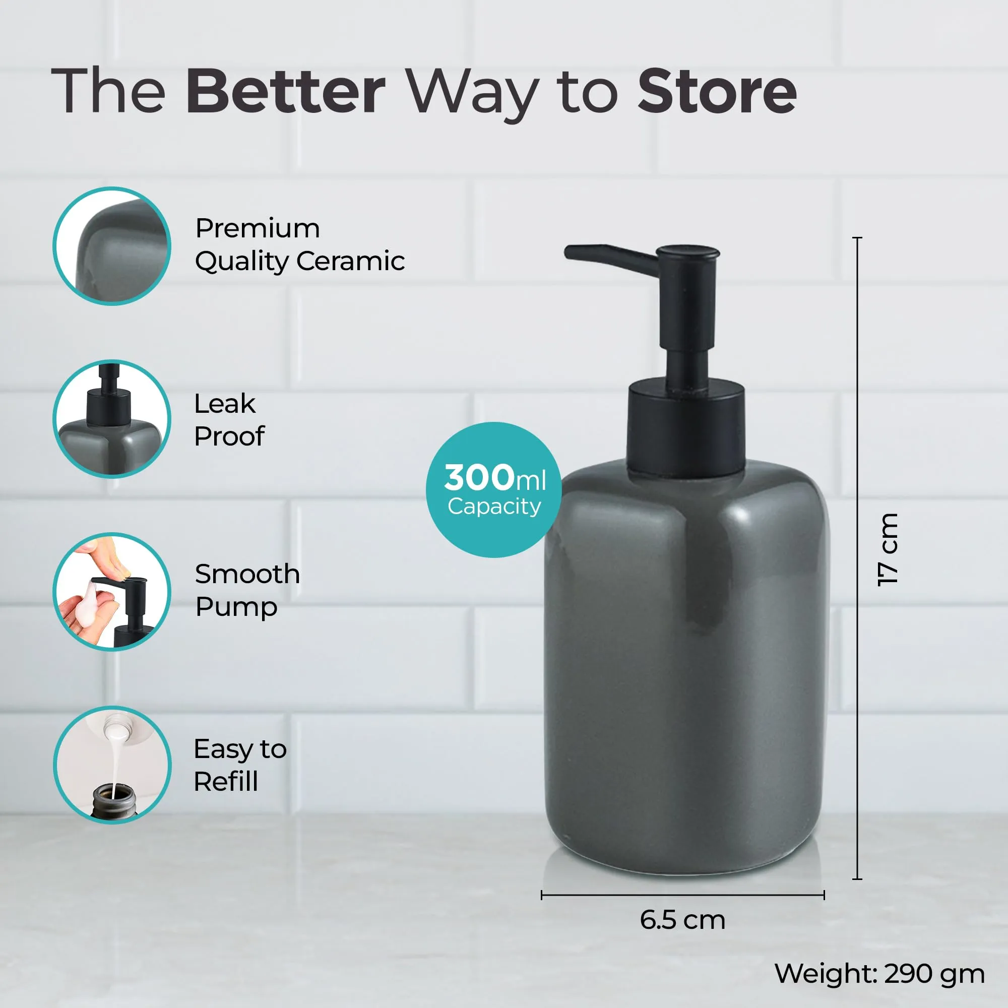 The Better Home 300ML Grey Ceramic Soap Dispenser for Bathroom | Bathroom Accessories | Liquid Soap Dispenser for Kitchen | Handwash Dispenser | Handwash Bottle | Hand Wash Dispensers Pump