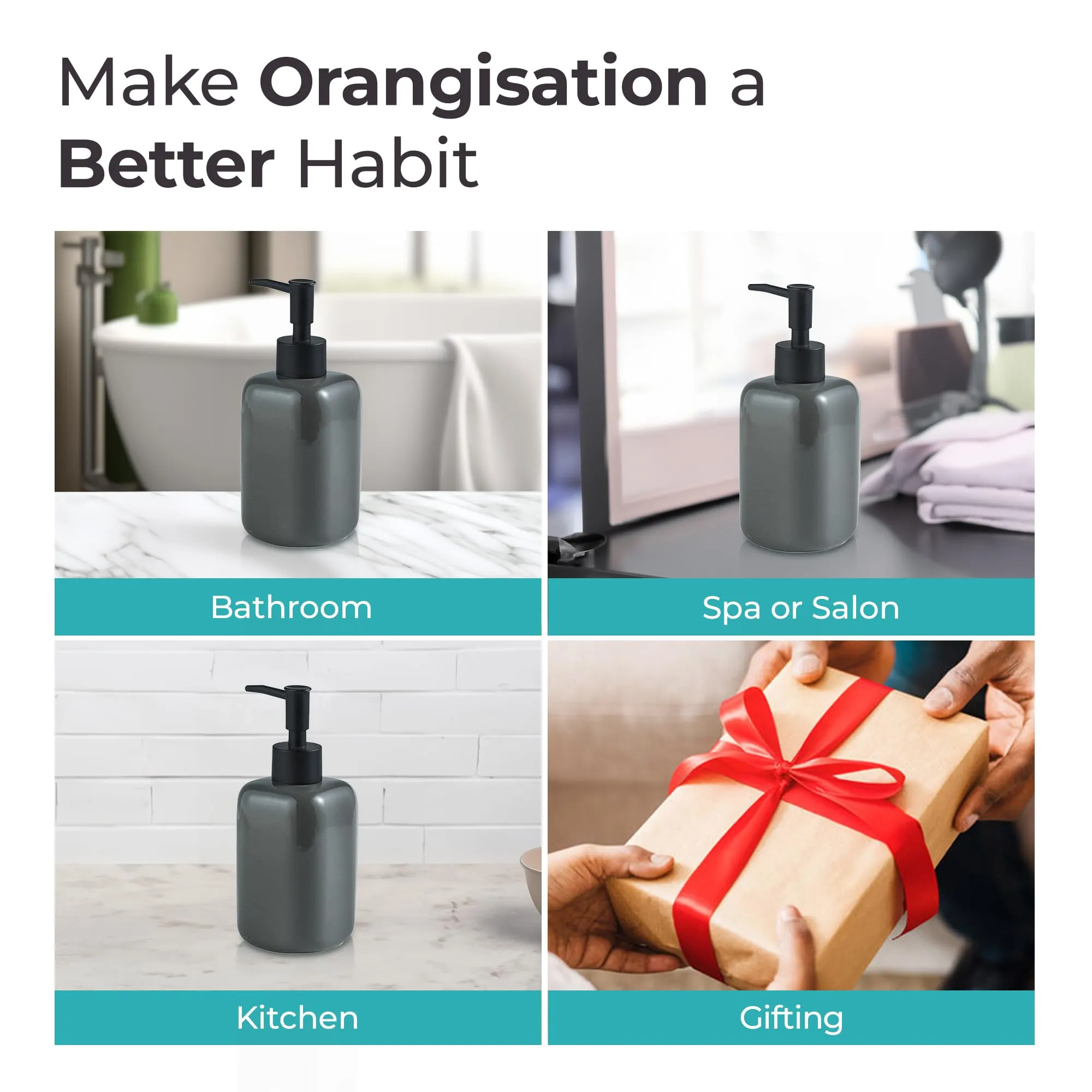 The Better Home 300ML Grey Ceramic Soap Dispenser for Bathroom | Bathroom Accessories | Liquid Soap Dispenser for Kitchen | Handwash Dispenser | Handwash Bottle | Hand Wash Dispensers Pump