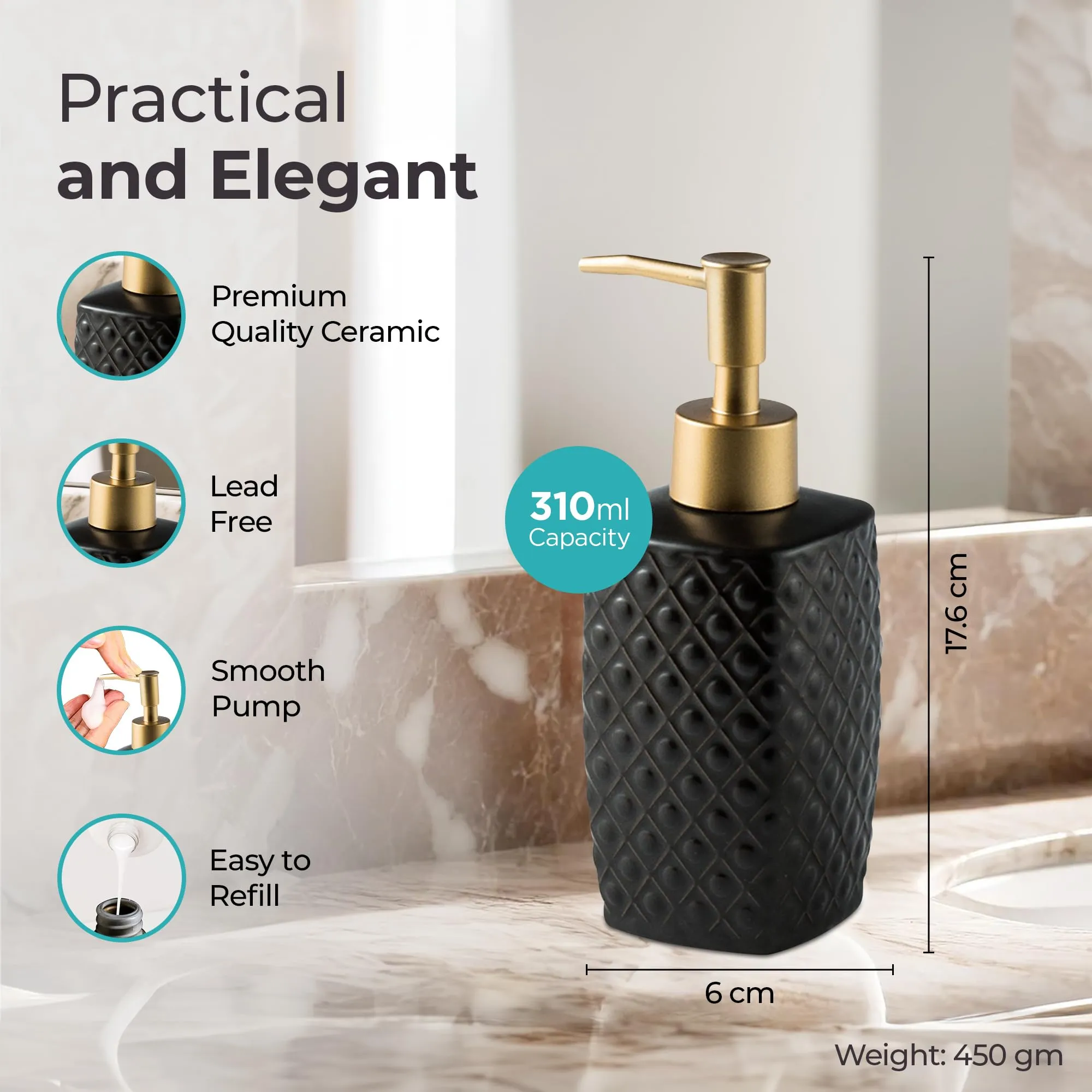 The Better Home 310ML Black Ceramic Soap Dispenser for Bathroom | Bathroom Accessories | Handwash Dispenser | Liquid Soap Dispenser for Kitchen | Handwash Bottle | Hand was Dispensers Pump