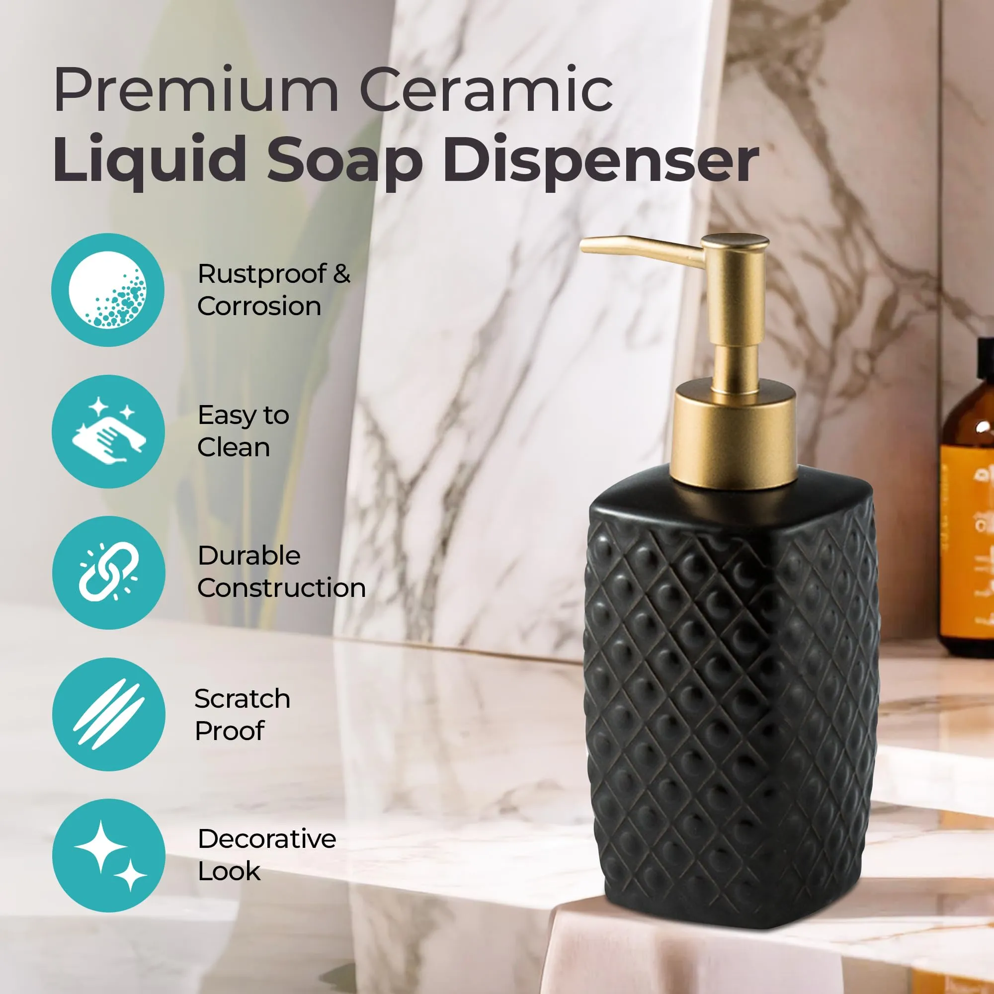 The Better Home 310ML Black Ceramic Soap Dispenser for Bathroom | Bathroom Accessories | Handwash Dispenser | Liquid Soap Dispenser for Kitchen | Handwash Bottle | Hand was Dispensers Pump