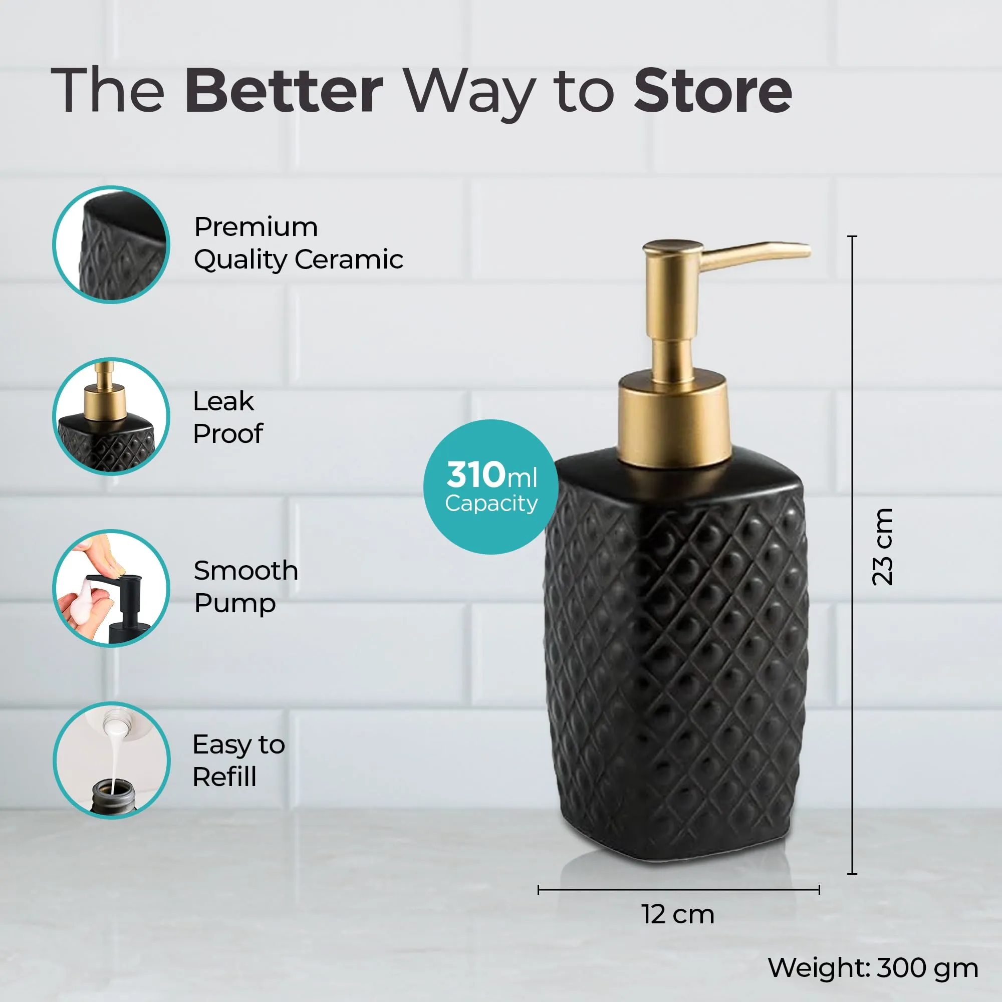 The Better Home 310ML Black Ceramic Soap Dispenser for Bathroom | Handwash Dispenser | Bathroom Accessories | Liquid Soap Dispenser for Kitchen | Handwash Bottle | Hand Wash Dispensers Pump