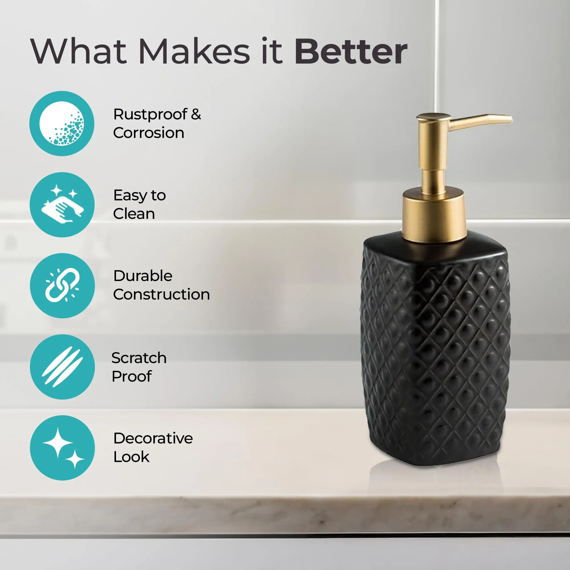 The Better Home 310ML Black Ceramic Soap Dispenser for Bathroom | Handwash Dispenser | Bathroom Accessories | Liquid Soap Dispenser for Kitchen | Handwash Bottle | Hand Wash Dispensers Pump