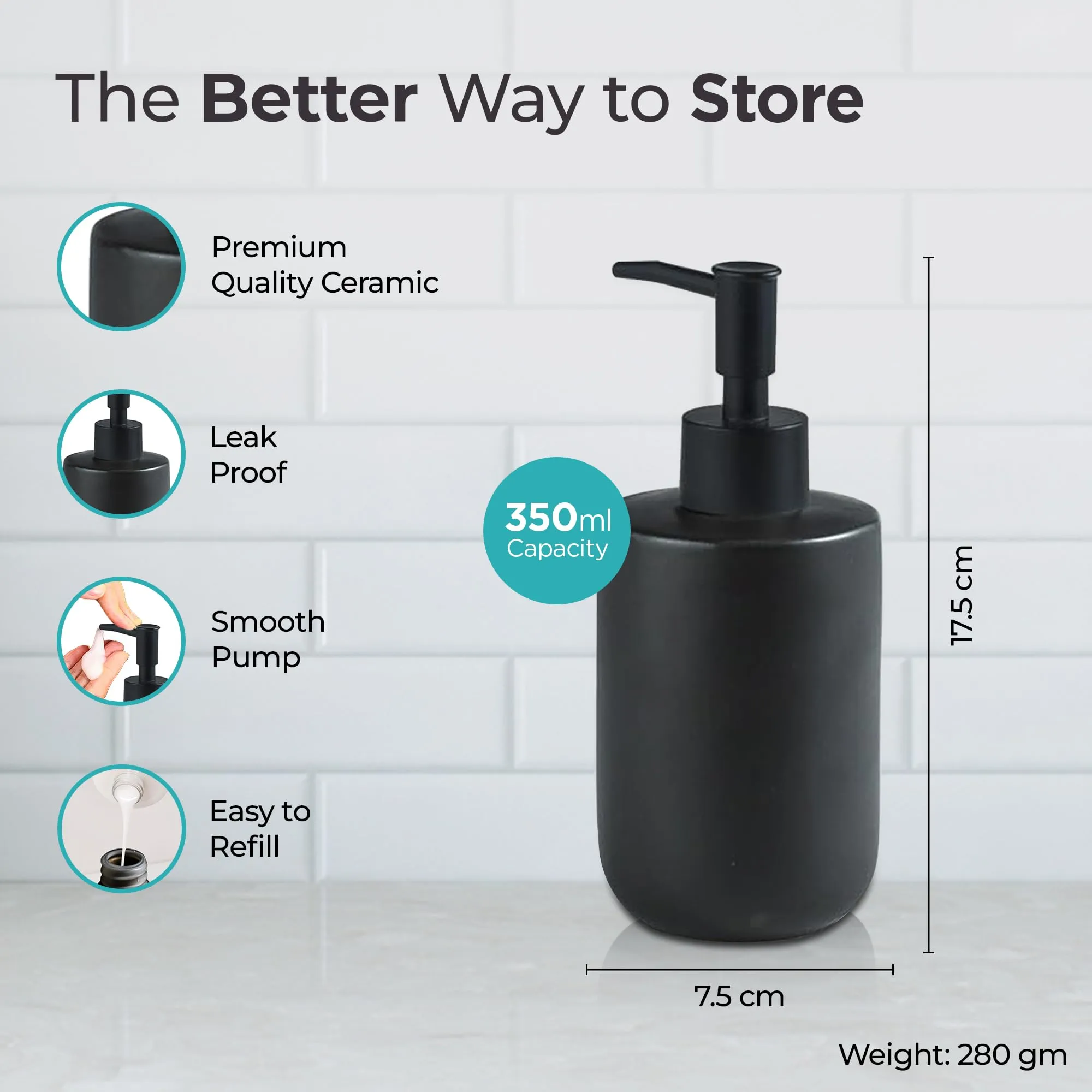 The Better Home 350ML Black Ceramic Soap Dispenser for Bathroom | Bathroom Accessories | Handwash Dispenser | Liquid Soap Dispenser for Kitchen | Handwash Bottle | Hand Wash Dispensers Pump