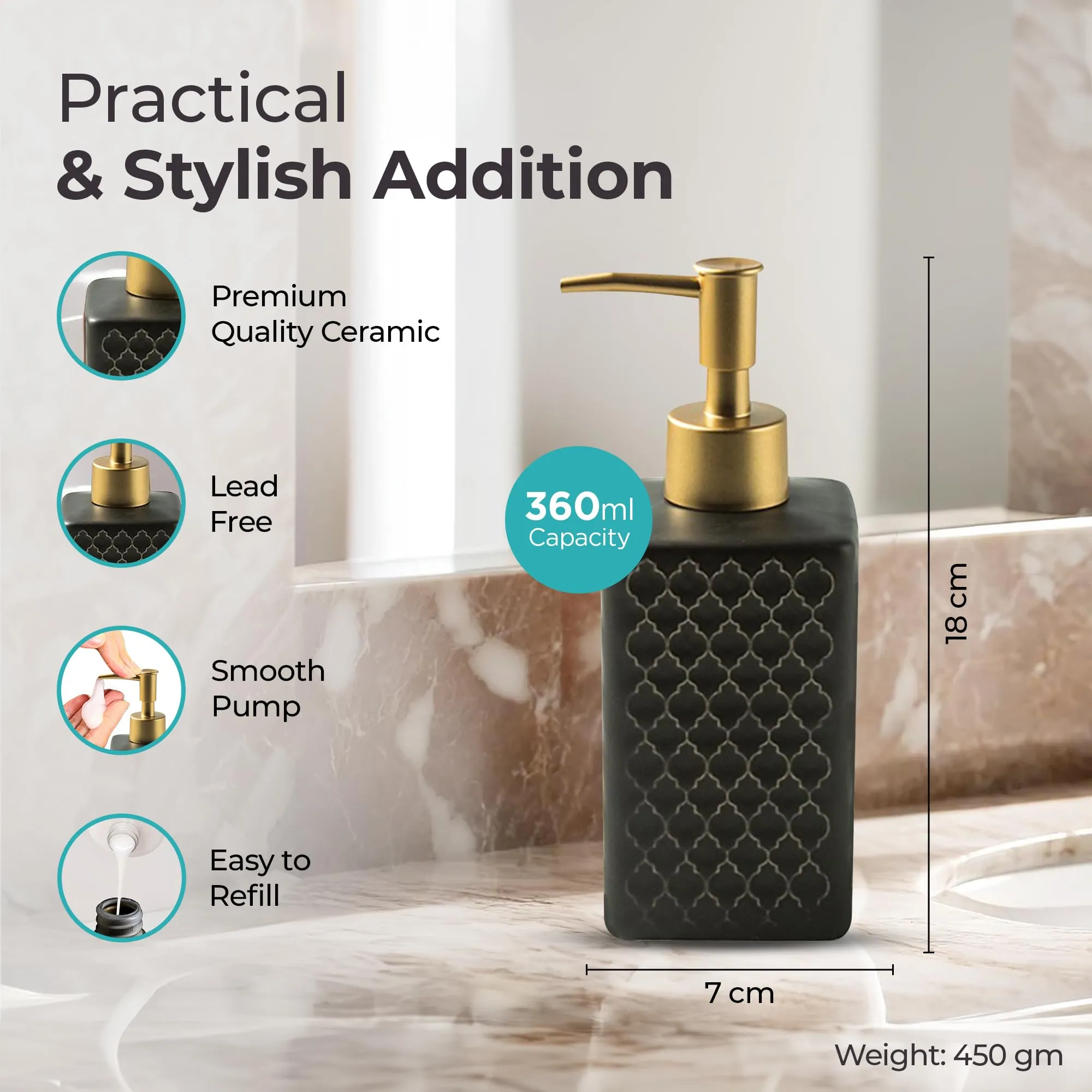 The Better Home 360 ML Black Ceramic Soap Dispenser for Bathroom | Bathroom Accessories | Handwash Dispenser | Liquid Soap Dispenser for Kitchen | Handwash Bottle | Hand Wash Dispensers Pump