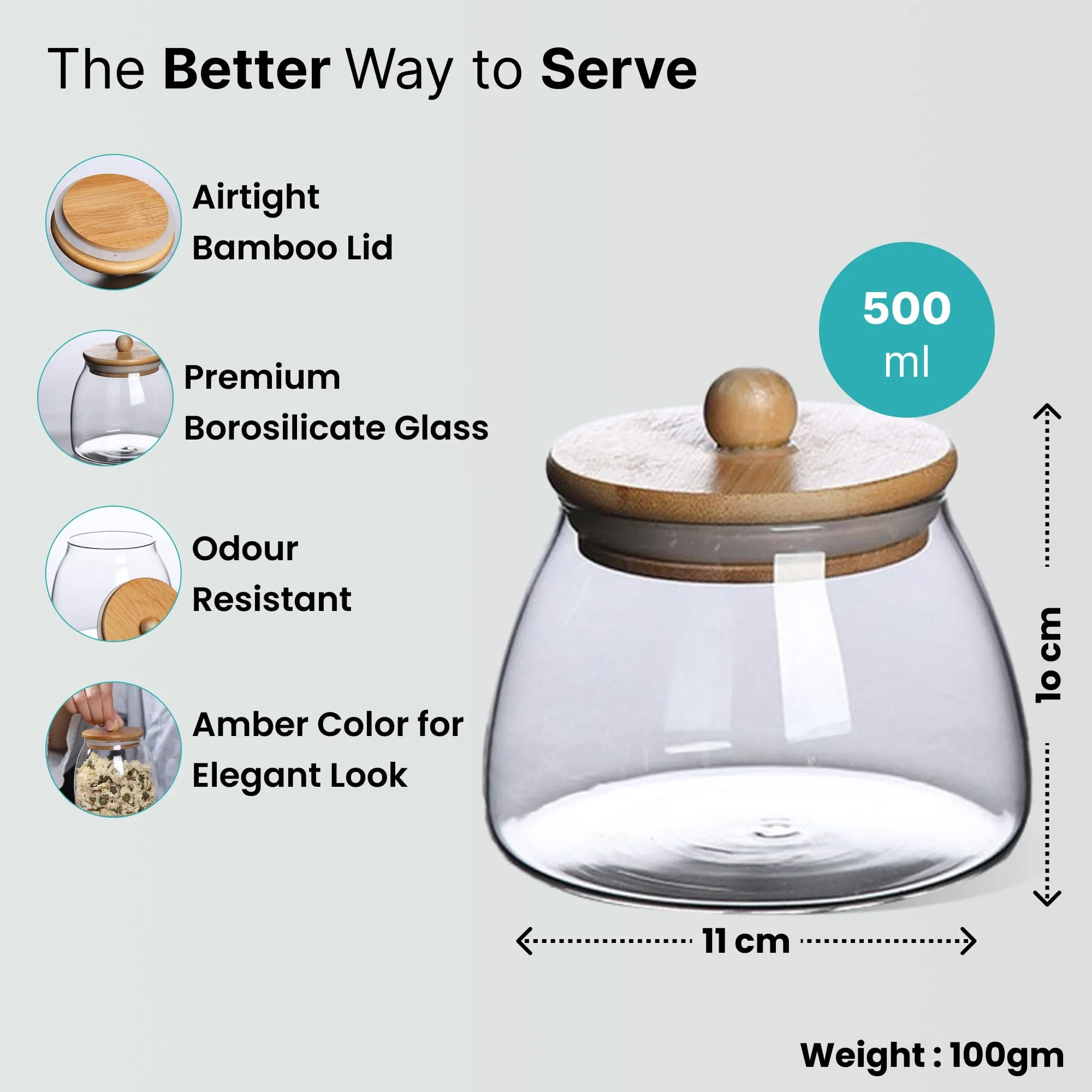 The Better Home Borosilicate Glass Jar for Kitchen Storage with bamboo lid | 500ml (Set -2)| Multipurpose Airtight Jar Glass Container for Cookies, Snacks, Dry Fruits, Nuts | BPA Free | Transparent |