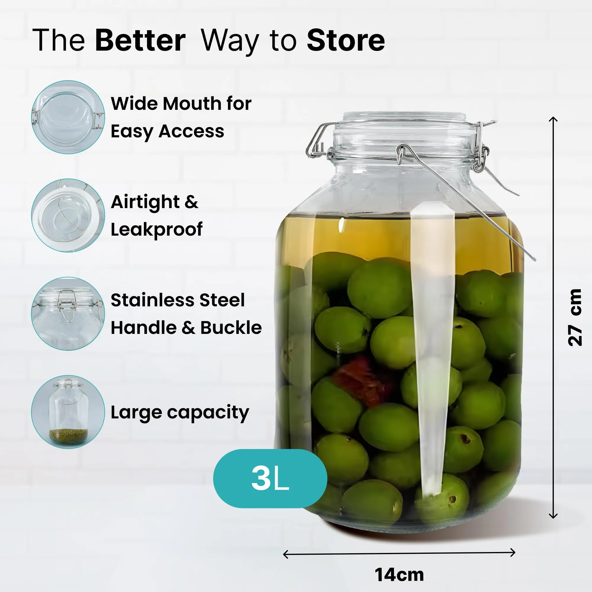 The Better Home Glass Jar for Kitchen Storage | 3 liter | Mason Jars with Buckle Lids and Wide Mouth | Airtight Glass Containers with stainless steel handle and leakproof rubber gasket | Transparent