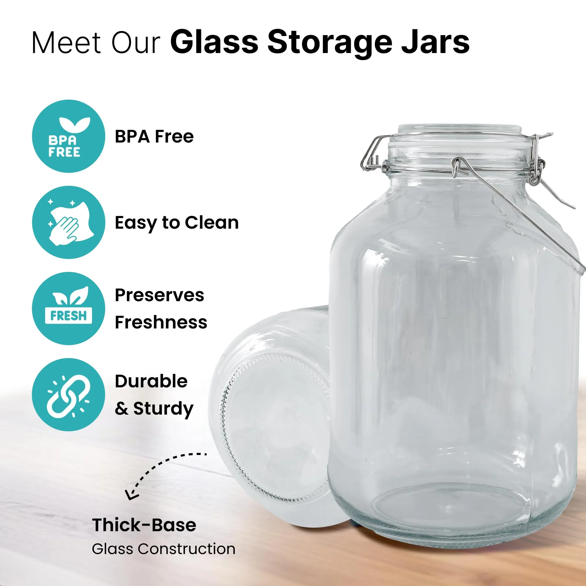 The Better Home Glass Jar for Kitchen Storage | 3 liter | Mason Jars with Buckle Lids and Wide Mouth | Airtight Glass Containers with stainless steel handle and leakproof rubber gasket | Transparent