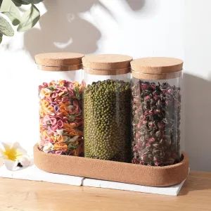 UMAI Borosilicate Glass Jars for Kitchen with Cork Lid and Cork Tray | Kitchen Containers Set | Pack of 3 | 700ml each| Airtight Glass Containers with lid | Organization | Multipurpose | Transparent |