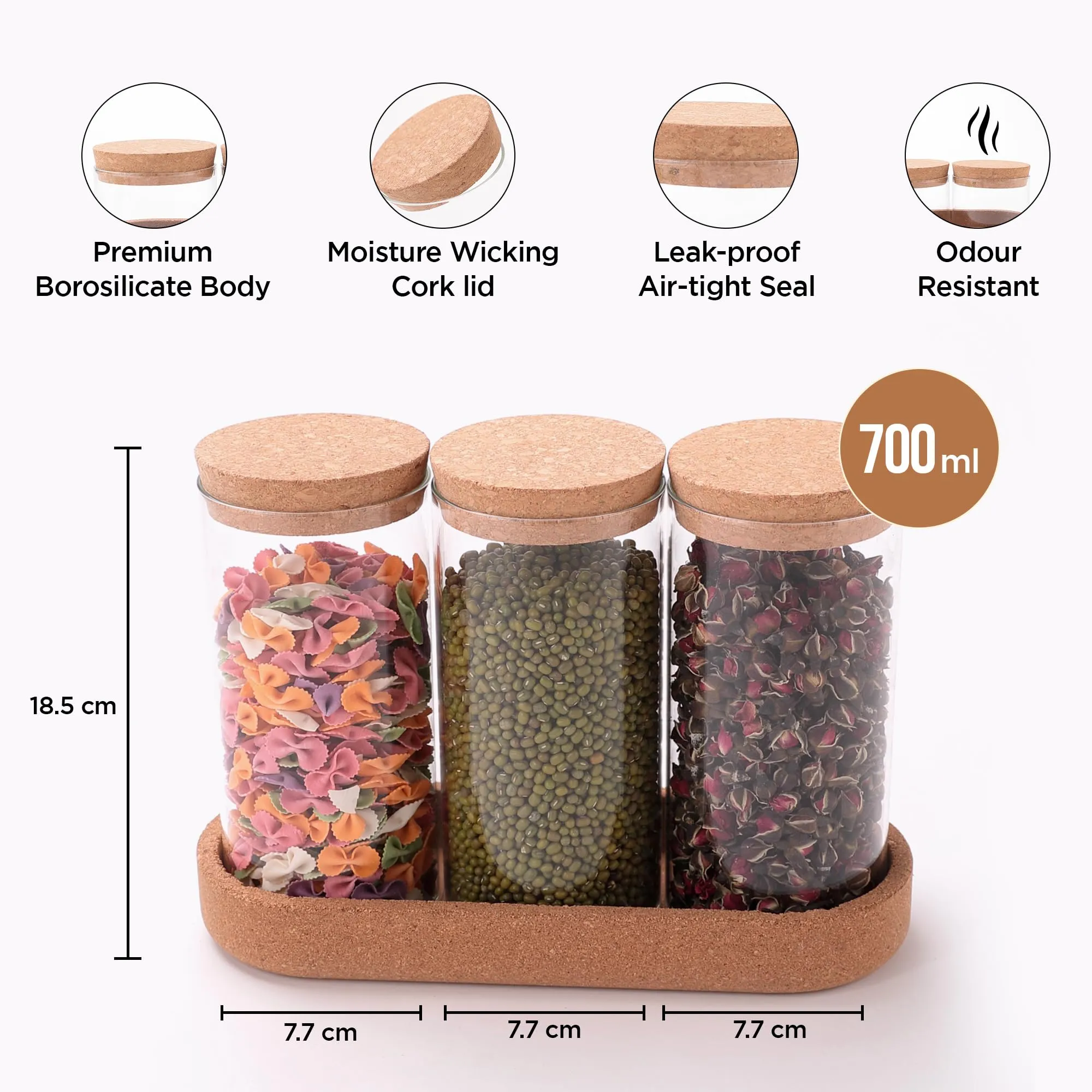 UMAI Borosilicate Glass Jars for Kitchen with Cork Lid and Cork Tray | Kitchen Containers Set | Pack of 3 | 700ml each| Airtight Glass Containers with lid | Organization | Multipurpose | Transparent |