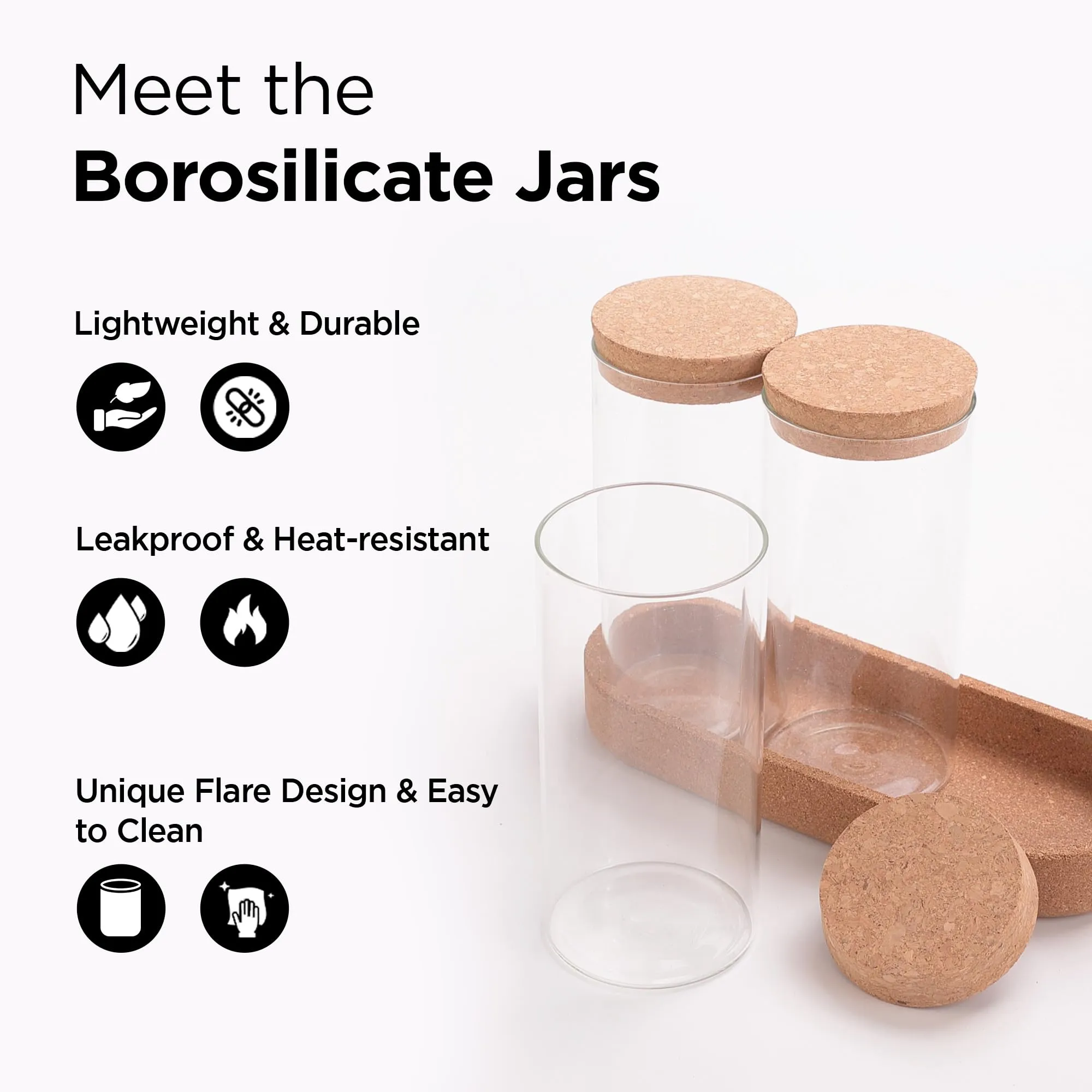 UMAI Borosilicate Glass Jars for Kitchen with Cork Lid and Cork Tray | Kitchen Containers Set | Pack of 3 | 700ml each| Airtight Glass Containers with lid | Organization | Multipurpose | Transparent |