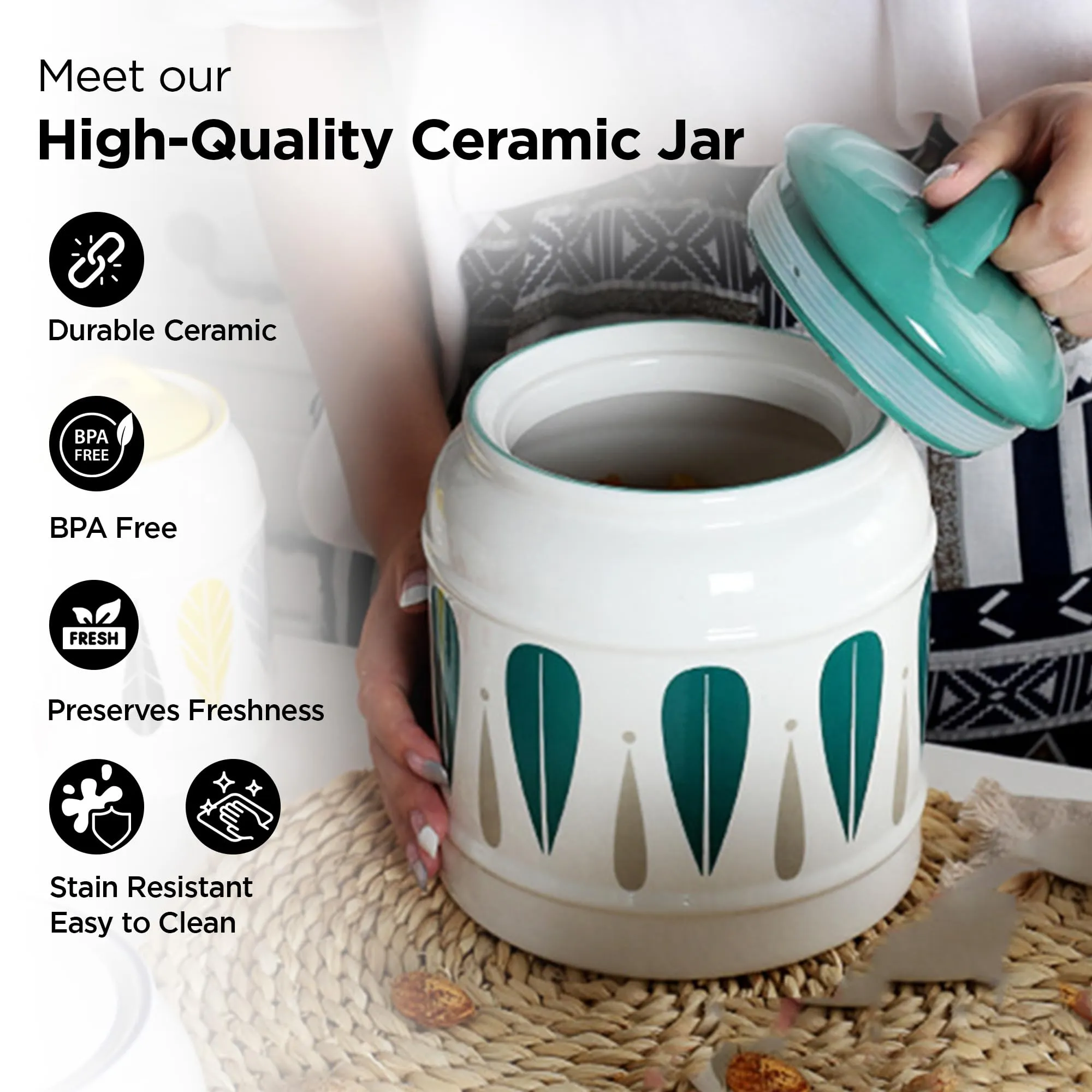 UMAI Ceramic Jar for Kitchen Storage with Lid | Airtight Ceramic Container | Multipurpose Kitchen Storage Jars and Containers | White | Printed (1 Jar) (2500ml (Green))