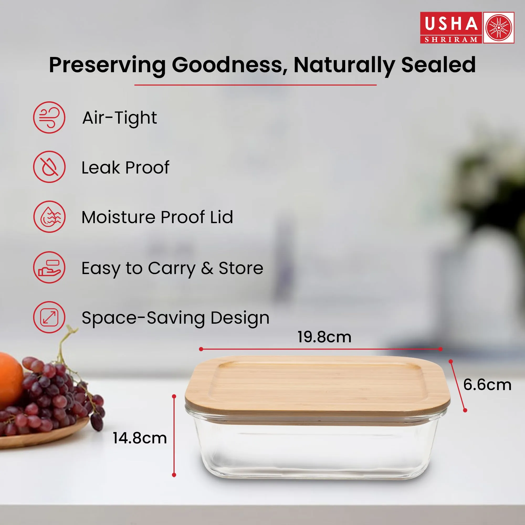 USHA SHRIRAM Borosilicate Container With Bamboo Lid (1.05L)| Fridge Side Door Organiser Box| Vegetable Organiser For Fridge|Kitchen Organise Storage Boxes|Idli Batter Container |Fruit Box For Kitchen