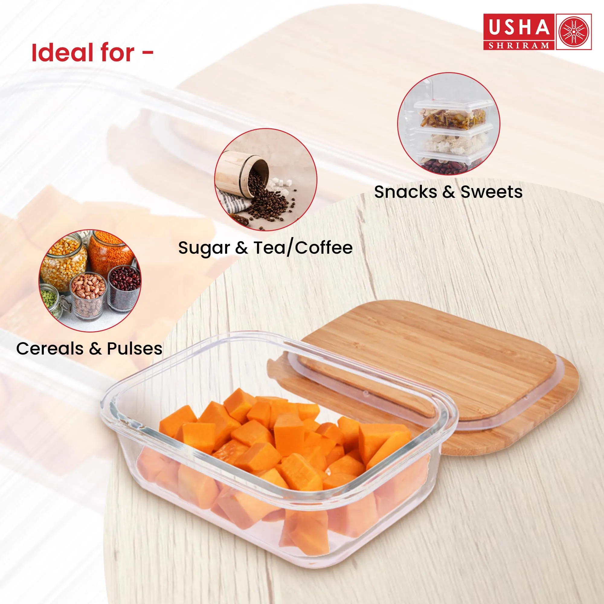 USHA SHRIRAM Borosilicate Container With Bamboo Lid (1.05L)| Fridge Side Door Organiser Box| Vegetable Organiser For Fridge|Kitchen Organise Storage Boxes|Idli Batter Container |Fruit Box For Kitchen