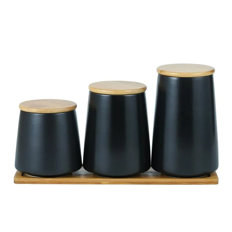 USHA SHRIRAM Ceramic Jar Set (3 Pcs - 500ml, 700ml, 850ml) Container For Kitchen Storage Box | Spice Jars For Kitchen | Air Tight Kitchen Jars & Containers Set With Lid For Storage | Black