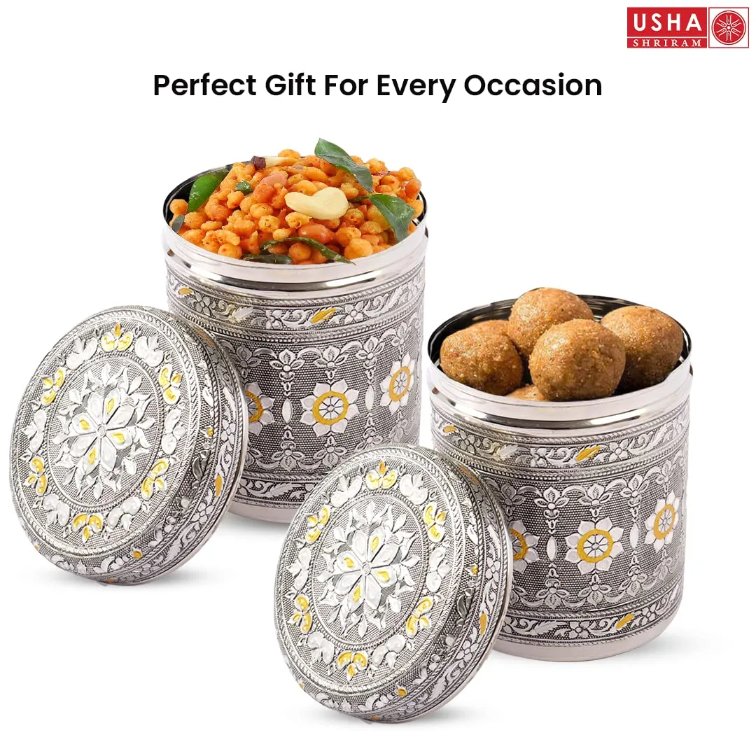 USHA SHRIRAM Stainless Steel Crafted Storage Box (1.2L) |Gift Set | Kitchen Storage Organiser | Dabba For Kitchen | Rust Proof | Multi Purpose Box (Silver)