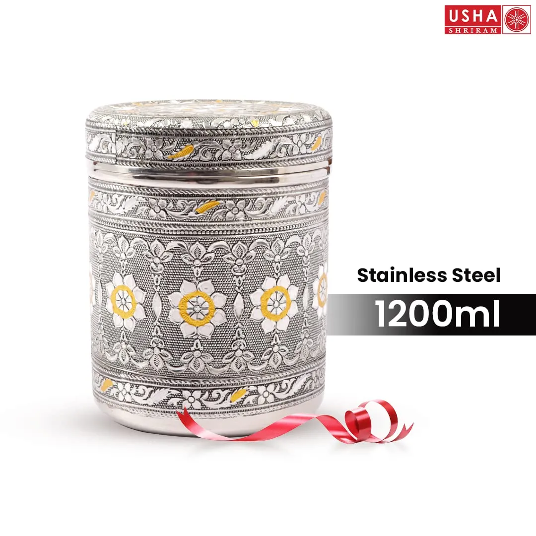 USHA SHRIRAM Stainless Steel Crafted Storage Box (1.2L) |Gift Set | Kitchen Storage Organiser | Dabba For Kitchen | Rust Proof | Multi Purpose Box (Silver)