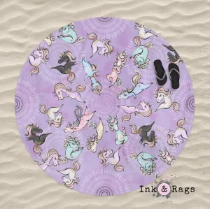 Zen Yoga Unicorns with Mandalas in Purple Round Beach Towel