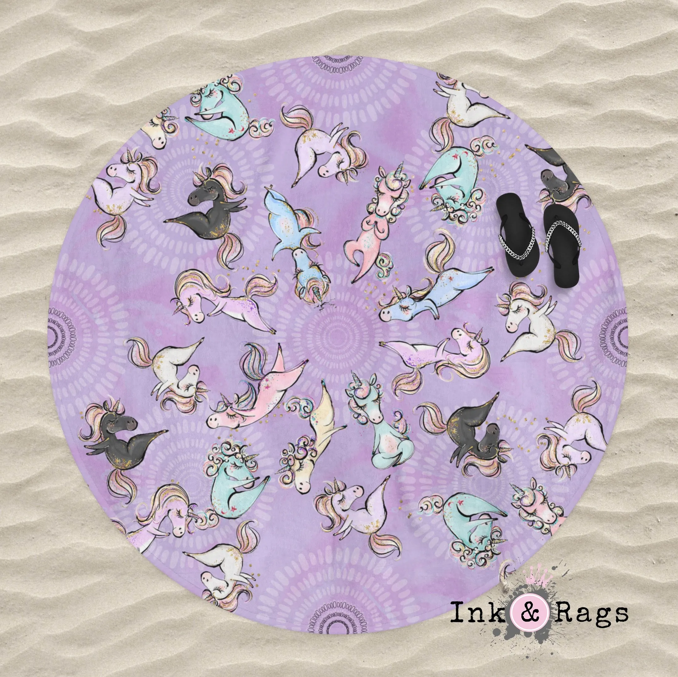 Zen Yoga Unicorns with Mandalas in Purple Round Beach Towel